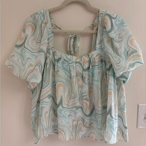 Pastel Abstract Puff Sleeve Babydoll Blouse Square Neck Tie Back Top Size L